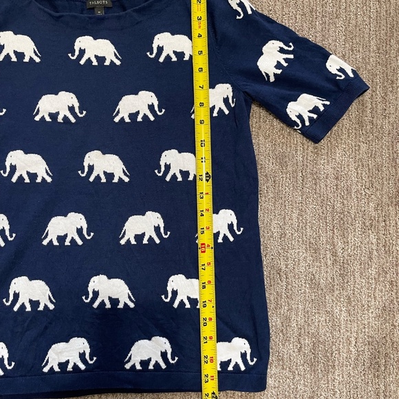 Talbots Navy Blue Short Sleeve Sweater – White Elephant Print – Size M - Picture 9 of 11